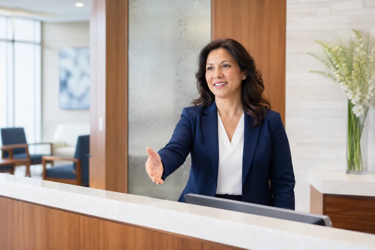 Front desk coordinator welcoming a visitor at a healthcare reception
