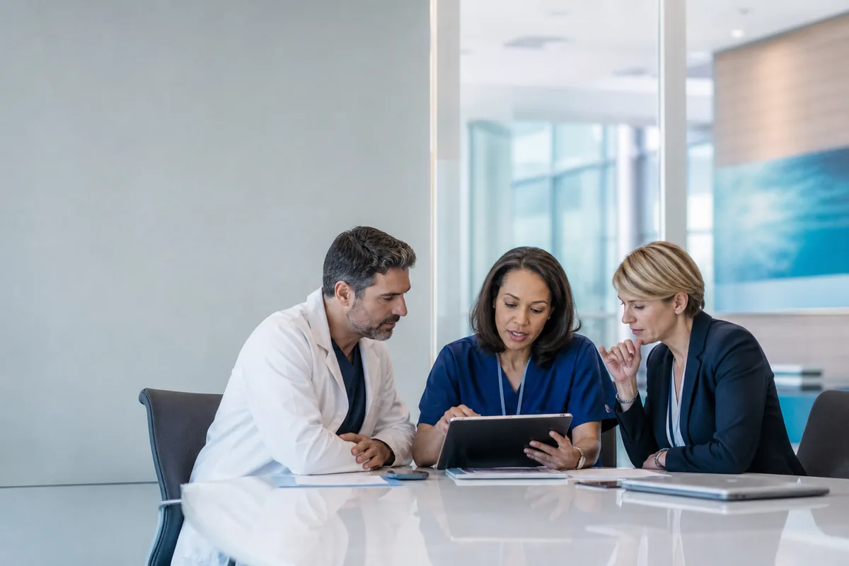 Healthcare leadership team reviewing a tablet together