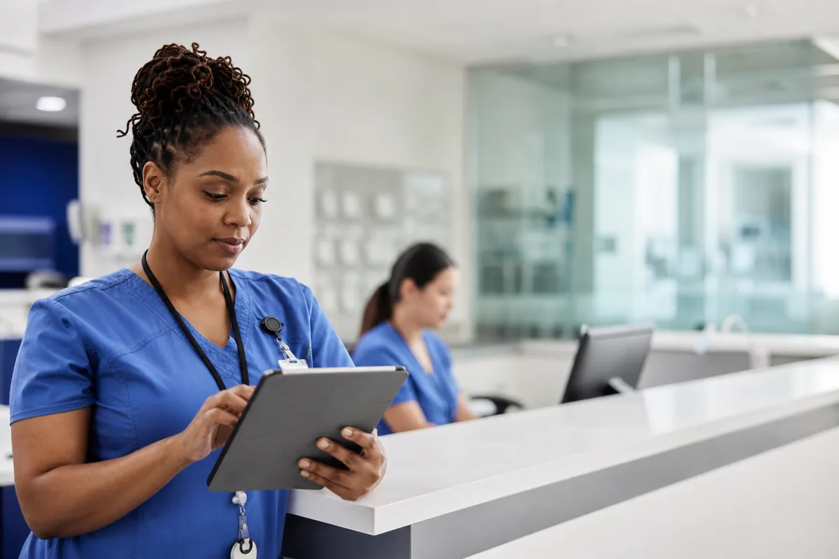 Nurse reviewing a tablet at a hospital station